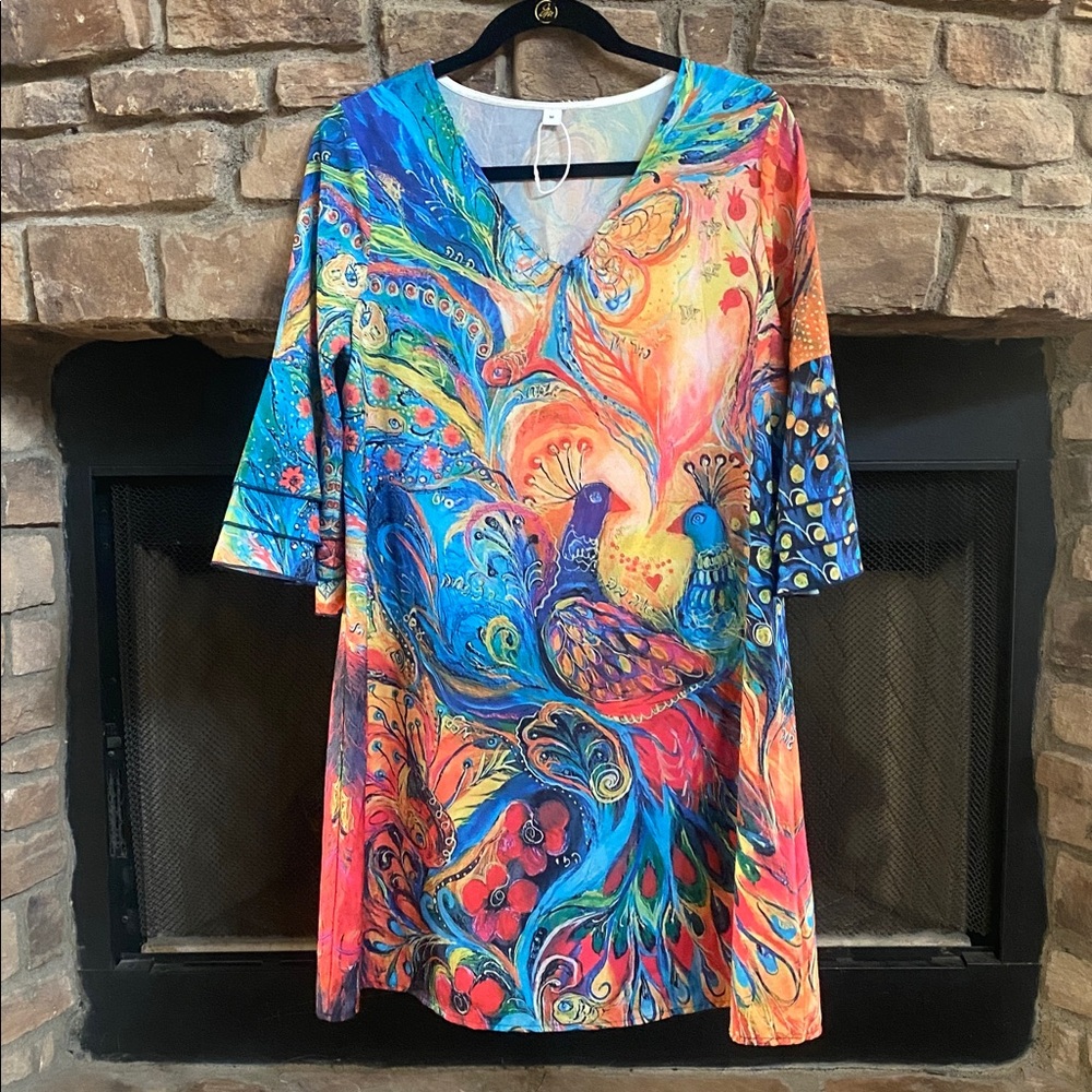 NWOT Colorful Peacock Print Dress with layered ruffles sleeves. Medium